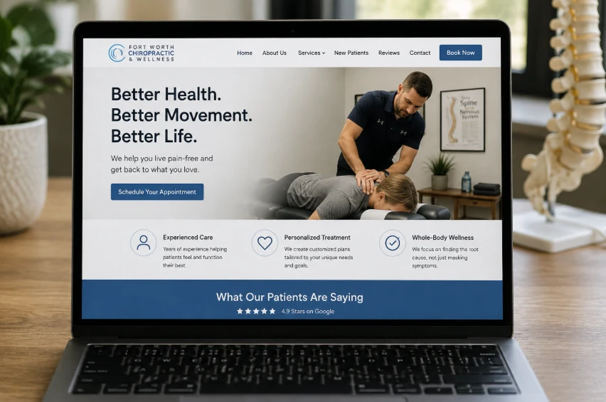 Example Fort Worth chiropractic practice website shown on a laptop, illustrating the difference between a polished website and content that directly answers patient questions