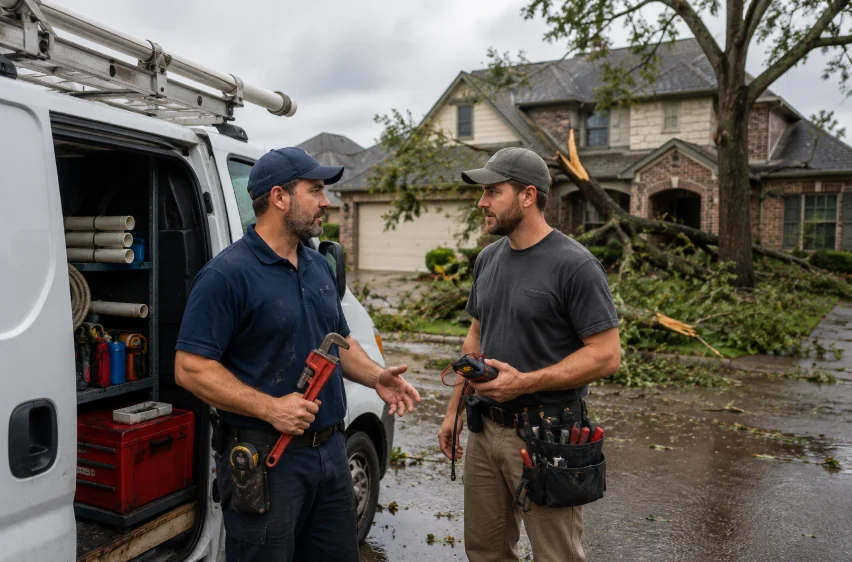 Plumber and electrician discussing storm damage outside a Texas home, illustrating a customer problem that crosses traditional service categories
