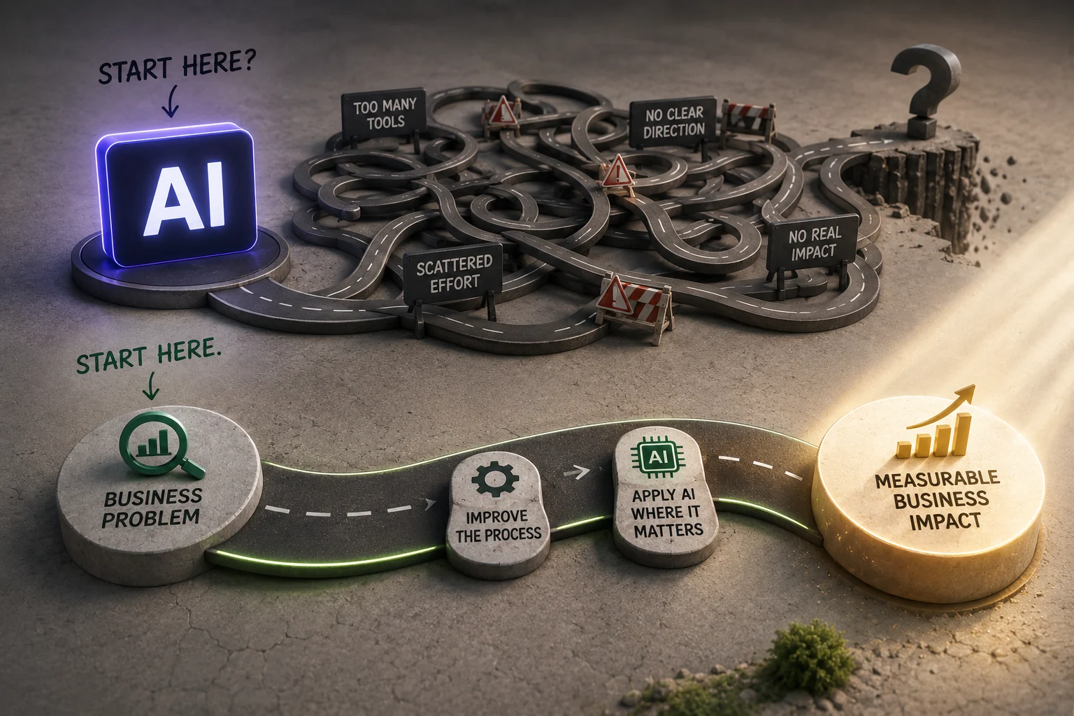 Visual AI adoption roadmap showing too many tools, scattered effort and unclear direction versus starting with a business problem, improving the process, applying AI where it matters, and measuring business impact