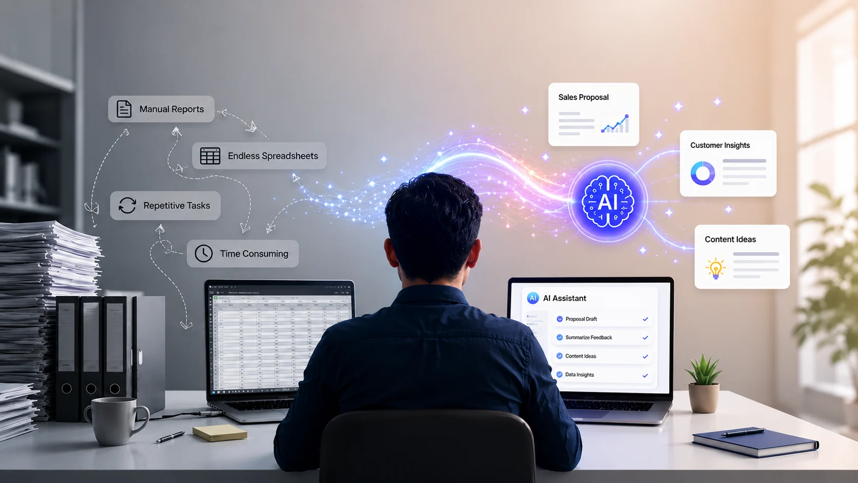 Business professional moving from manual reports, spreadsheets, and repetitive tasks to AI-assisted sales proposals, customer insights, content ideas, and data analysis