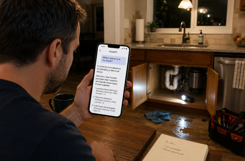 Houston-area homeowner asking ChatGPT about a household issue while plumbing, electrical and HVAC problems overlap