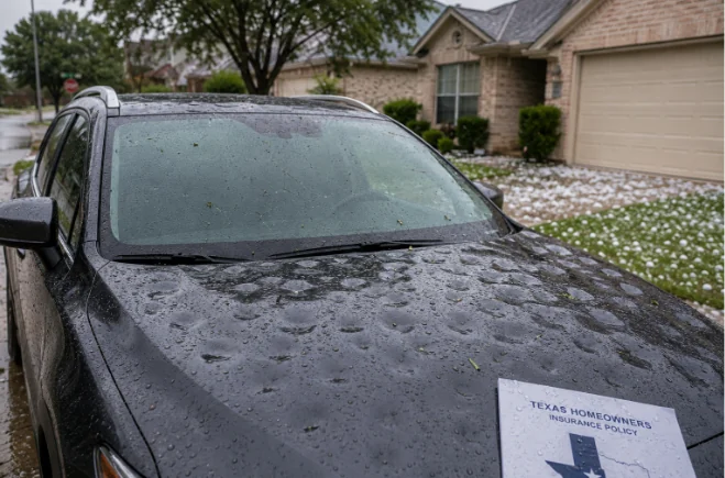 Hail-damaged car outside a Texas home with a homeowners insurance policy on the hood